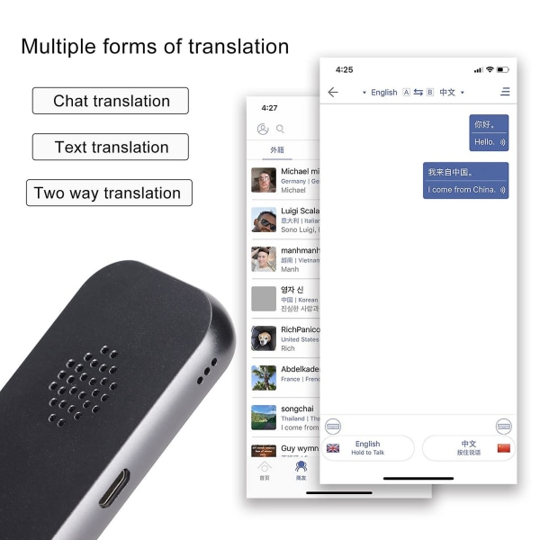Tvåvägs röstfotoöversättare, Bluetooth 4.2 realtidsöversättningsenhet, 70 språk Ultra Thin Pocket Translator（Svart）