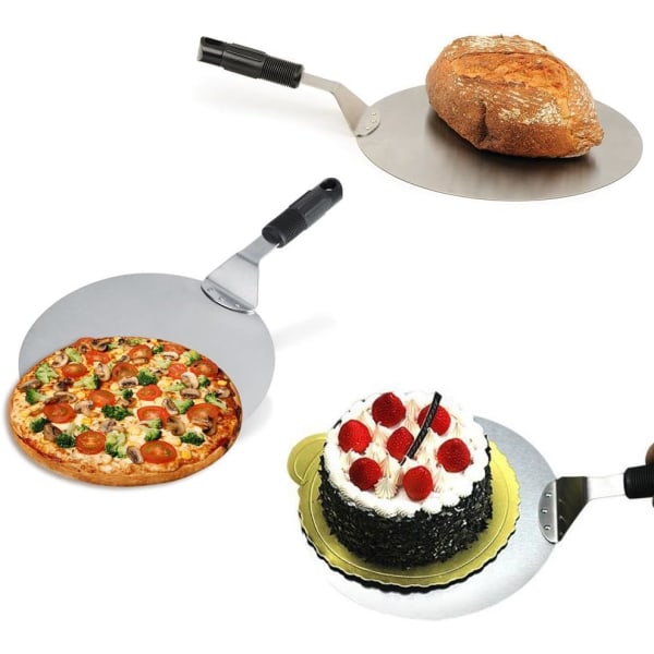 Rund pizzaskuffe i rustfritt stål med sklisikkert håndtak, ideell for