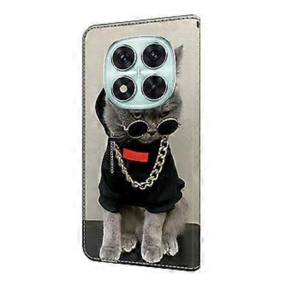 Læderetui med mønstertryk, tegnebogsstativ og flip-cover til Xiaomi Redmi Note 14 Pro 5G Cat with Glasses and Necklace