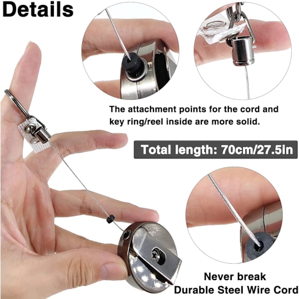 2 stk. Retractable nøkkelring nøkkelrulle, Heavy Duty Retractable Key Chain Reel Ståltrådtau for nøkler og passerer ID-belte Badge Holder Pull Reel - Svart