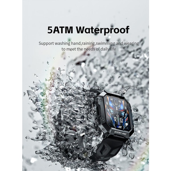 Smartklokke for menn, vanntett smartwatch, Bluetooth, iPhone, Samsung (svart)