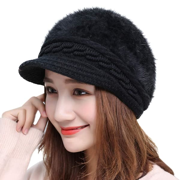 Kvinde Piger Peaked Beanie Hat Visor Beret Hat Vinter Termisk Bager Sort
