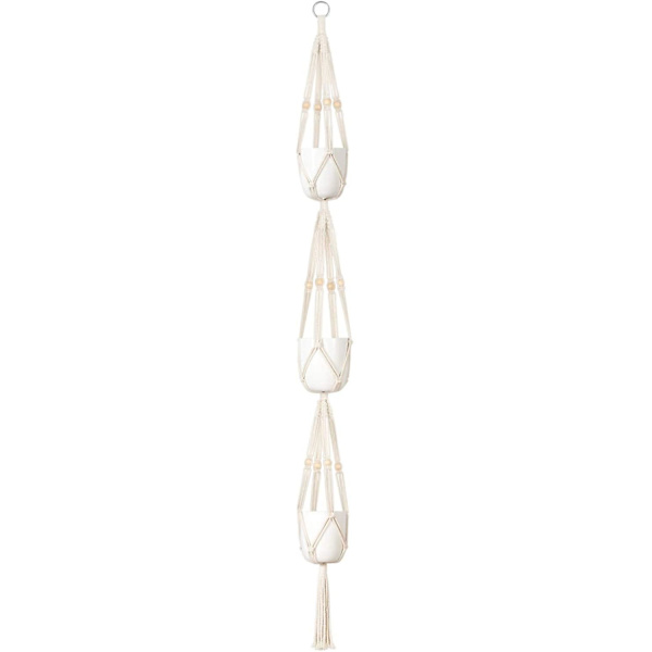 Macrame växt hängare 3 nivåer inomhus utomhus hängande växtkorg bomullsrep med pärlor 177cm