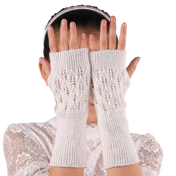 Women&#39;s Long Hand Embroidered Gloves Knitted Warm For Winter Fingerless（White）