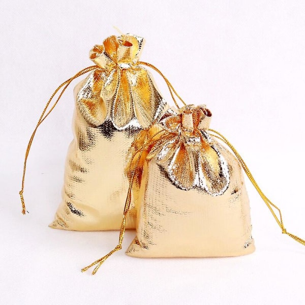 100pcs Gold Silver Organza Bag Jewelry Packaging Bag Wedding Party Favour Candy Bags Drawstring Gift Bags 9x12cm Gold