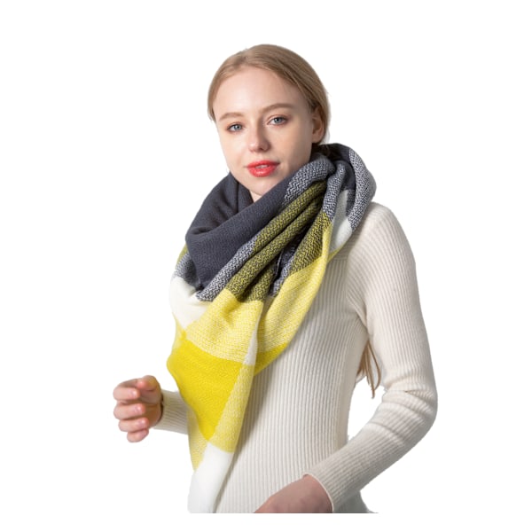 Stort ternet firkantet grå gul cashmere imitation dame sjal