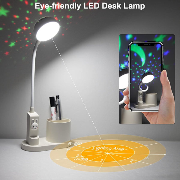 Barnebordlampe, skrivebordslampe med pennholder, automatisk farge