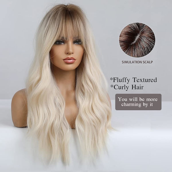 Lang blond parykk med lugg naturlig syntetisk hår ombre blond bølget parykk med mørke røtter for kvinner daglig fest cosplay slitasje