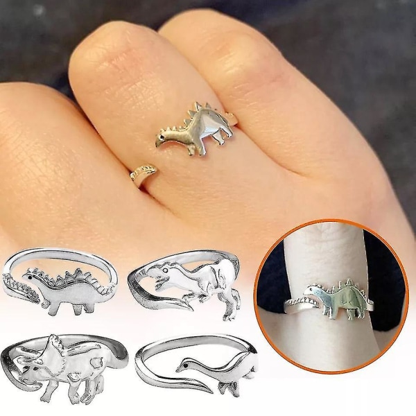 4 stk søte dinosaur justerbare ringer, dinosaur ornament, dyresmykker, dinosaur ring