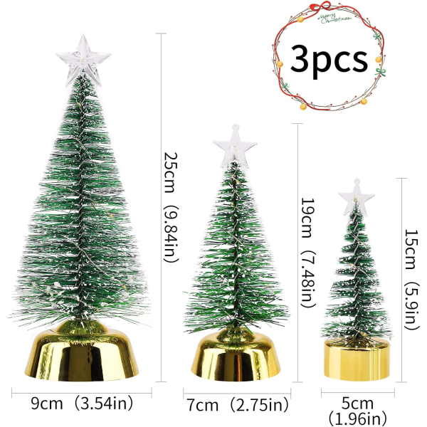 3-pack frostade konstgjorda julgranar med ljus, 3 storlekar, Mi