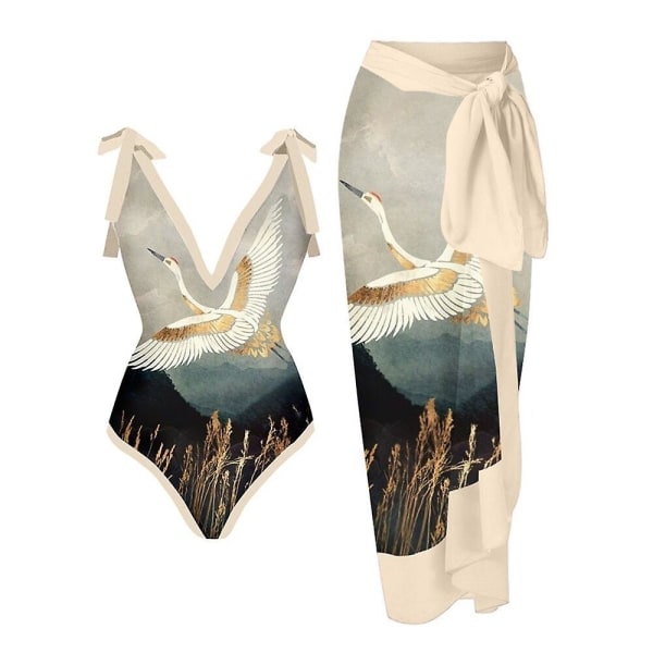 Bikinibaddräkt i ett stycke för kvinnor med cover Strandklänning Y16（S White Crane）