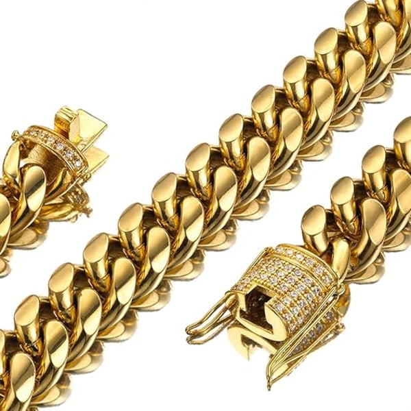 Herre Miami Cuban Link-kjede i 18K gull 15mm rustfritt stål med CZ-diamant-choker (30,0 tommer)