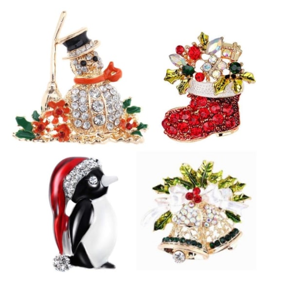 4st Christmas Festival Brosch Set Red Shoe Bell Snowman Penguin