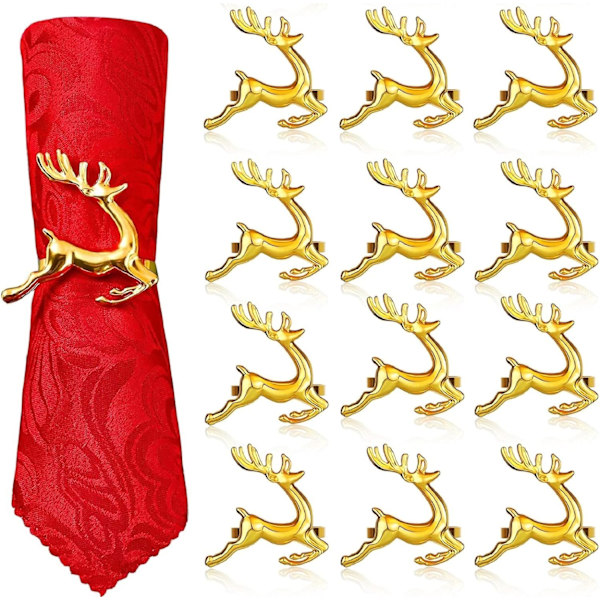 12 stk. Julehjorte Servietringe, 6CM Guld Hjorte Serviet Holder