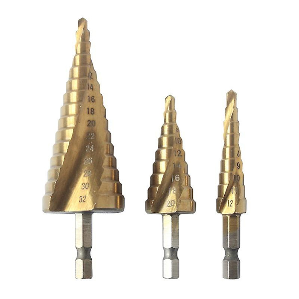 Metrisk titanbelagd HSS spiralformad stegborr-set med 3 st 4-12/4-20/4-32 mm med 1/4\" sexkantigt skaft