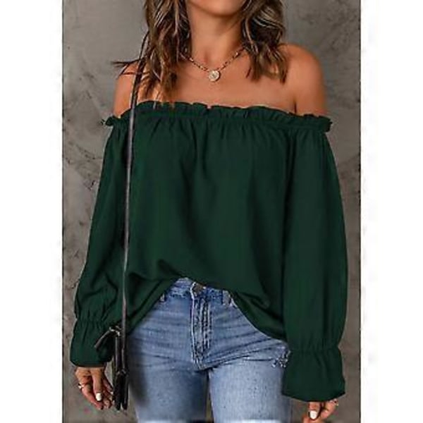 Off Shoulder Chiffong Blus Enfärgad Volangdetalj Långärmad Off Shoulder T-shirt för Dam Tjej Kvinna Dejt (M) M