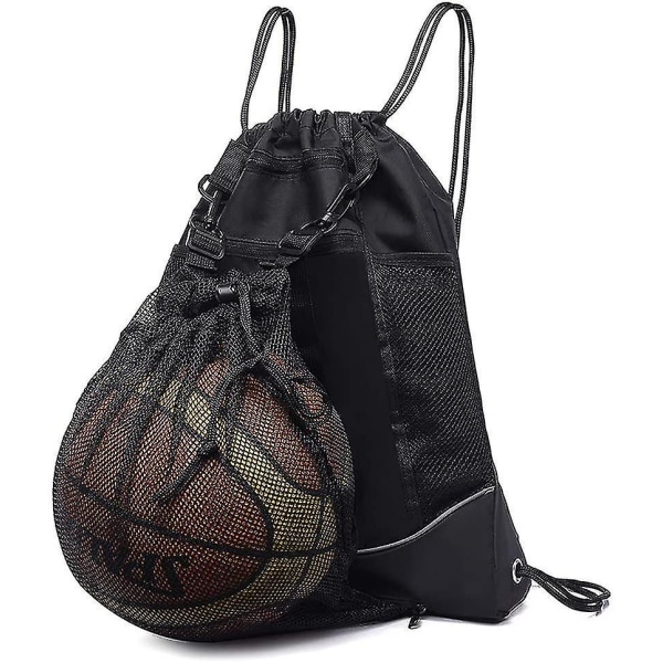 Basketryggsäck med dragsko för pojkar, hopfällbar fotbollsryggsäck Gymväska Säcksäck Sportsäck med avtagbar mesh , svart