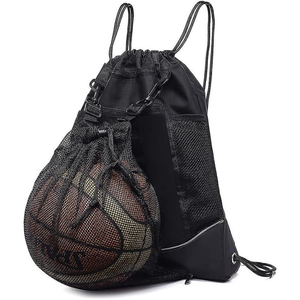 Drawstring Basketball Backpack For Boys, Foldable Soccer Backpack Gym Bag Sackpack Sports Sack With Detachable Ball Mesh Bag, Black