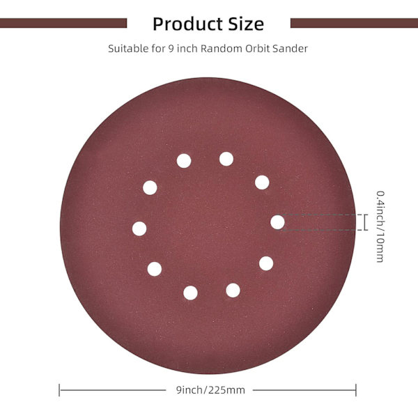 228mm Sanding Discs 10pcs, 9 Inch Hook And Loop Sandpaper, 8 Hole Sander Paper Grit 240