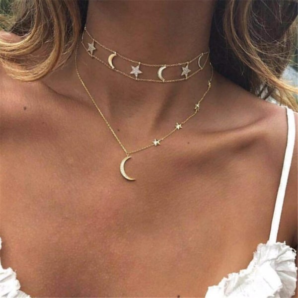 Gold Moon and Stars Halsband för kvinnor Mode Guld Choker Neckla