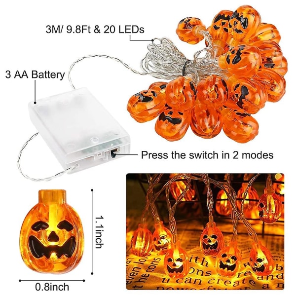 Halloween Lyskæde 3m/9.8ft 20 Led Græskar Lygter Batteridrevet Orange Græskar Lys Halloween Juledekoration
