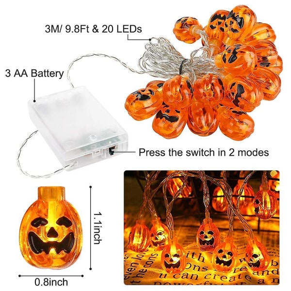 Halloween String Lights 3m/9.8ft 20 Led Pumpkin Lanterns Batteridriven Orange Pumpa Lights Halloween Juldekoration