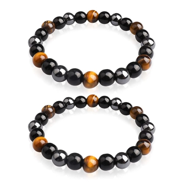 Tiger Eye Beads Bracelets, 2 Pcs 8mm Triple Protection Natural Black Obsidian Hematite Beads &amp; Tiger Eye Beads Bracelet Unisex