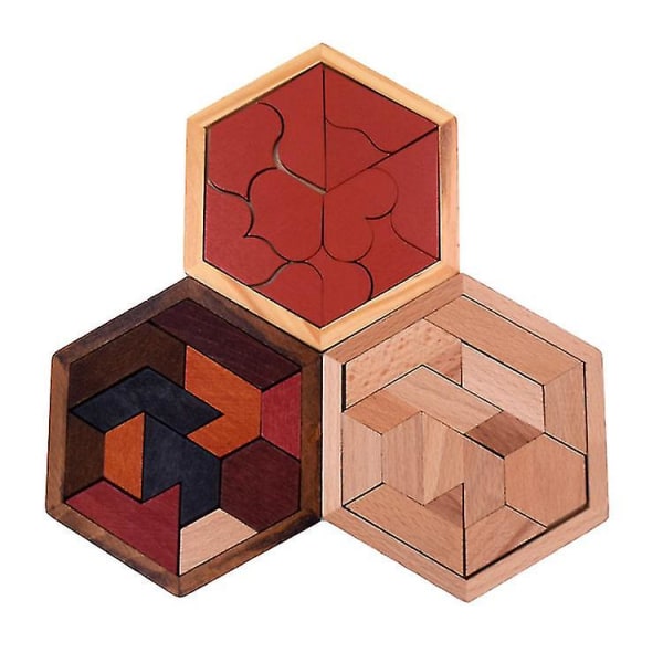 Trä Hexagon Pussel Form Block Tangram Brain Teaser Leksak Geometri Logic Iq Game