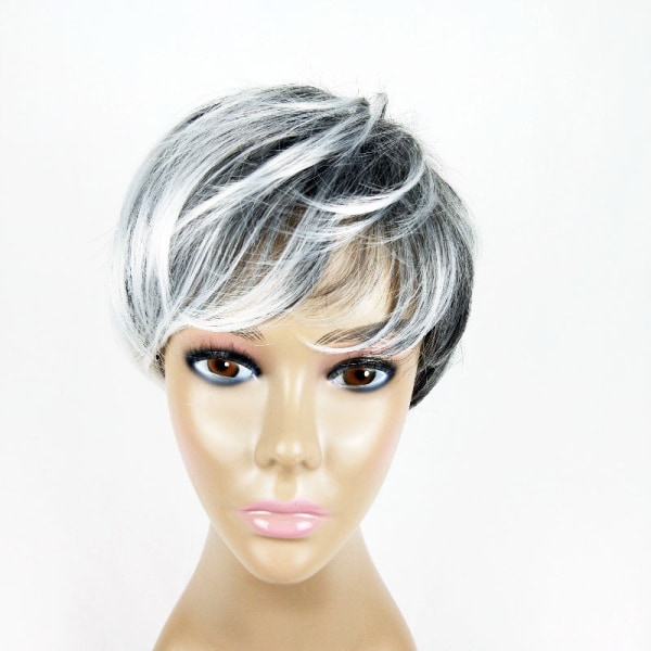Perruque femme mode court cheveux droits noir et blanc teinture mélangé couleur fiber chimique ensemble de cheveux courts femme