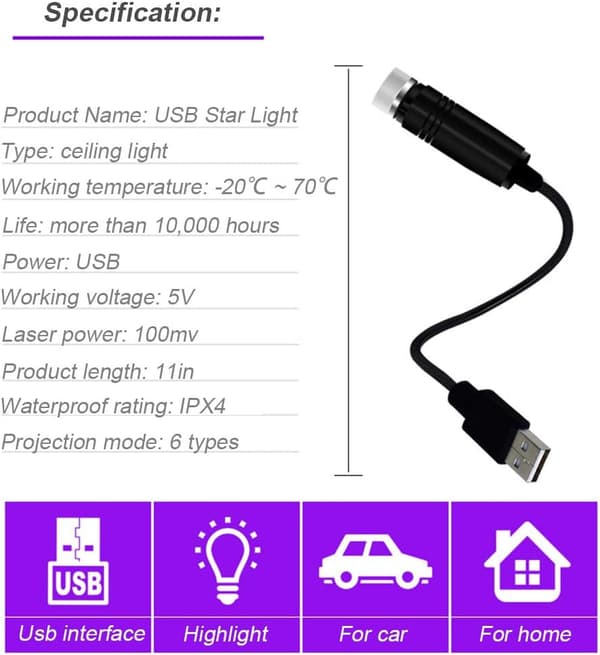 1 stk. lilla USB magisk kuglestjernelys bil fuld af stjerner på