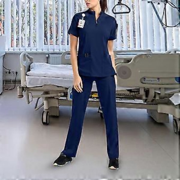 Scrubsæt med blød top og joggingbukser til kæledyrsfrisør, skønhedssalon, SPA, kosmetolog (Navy Blue L) Navy Blue L
