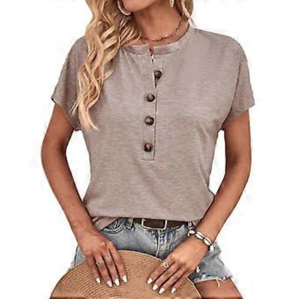 Naisten pitkähihaiset Henley-paidat, napitettavat puserot, rennot, väljät, pyöreäkauluksiset tunikat, kesäpaidat, Khaki S (KhakiS) Khaki S