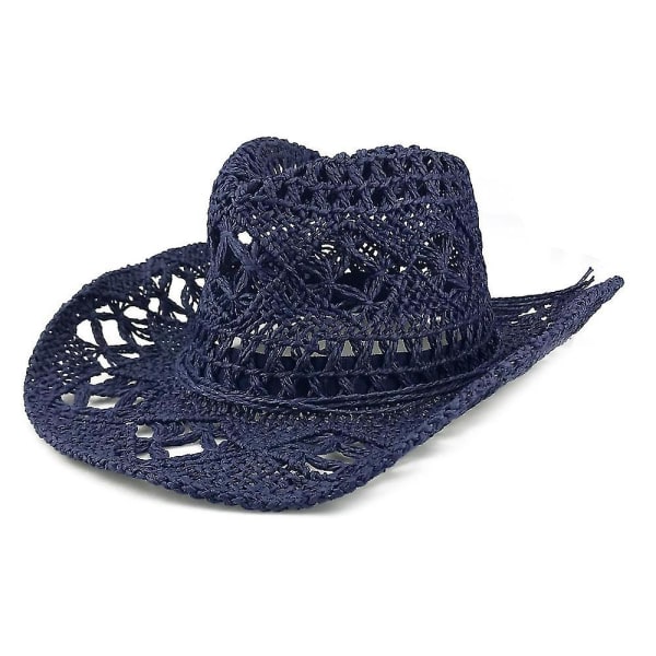 Män &amp; Cowboyhatt i vävd strå för damer sommar strandsolhatt, justerbar (marinblå)
