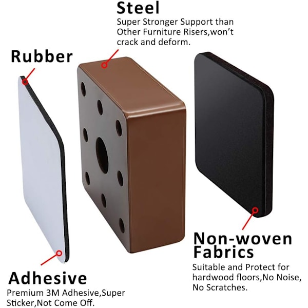 Set om 4 (Brun) 3 cm möbelhöjare i kolstål, 6 cm kolstål
