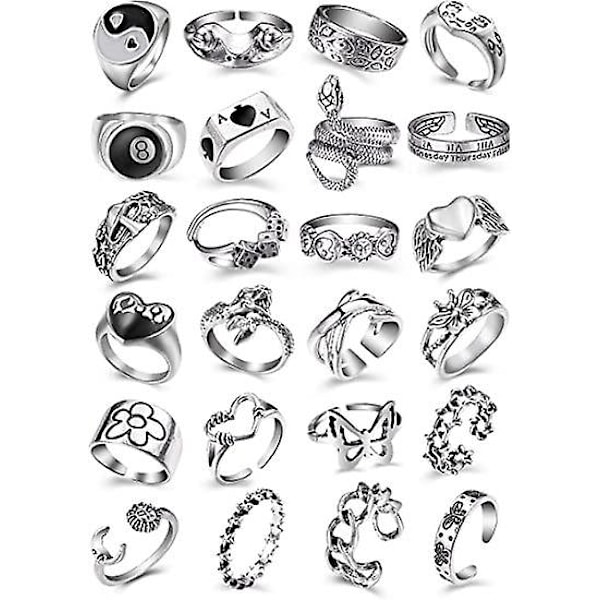 Vintage Punk Ringe Sæt Til Mænd Kvinder Slange Åben Frø Ring Kno Knuckle Stable Ringe Justerbar Punk Ring Sæt, 8/24stk（24 stk）