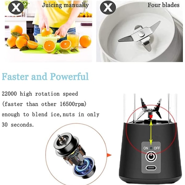 Bærbar Blender Mini Blender Smoothies Shakes Juicer Cup USB Genopladelig Seks Blade i 3D til Superb Blanding 400mL Sort