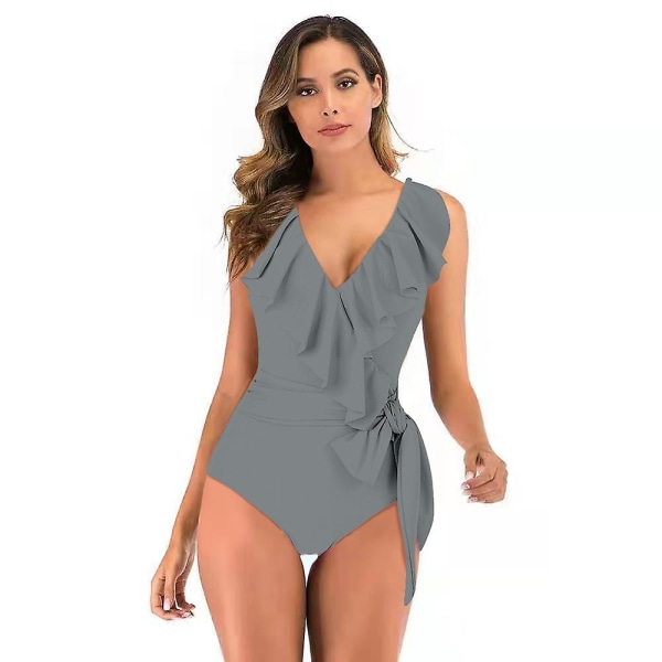 Women&#39;s V Neck One Piece Bikini Ruffled High Waisted Backless Tankini Elegant Swimsuit Tummy Control Beach Bathing Suit XL Gray green