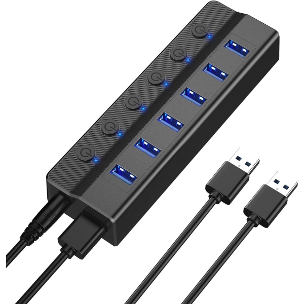 6-porters USB 3.0-hub, bærbar USB-splitter med individuelle på/av-brytere