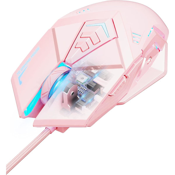 Pink kablet gamingmus, ergonomisk USB gamingmus med 4800 DPI