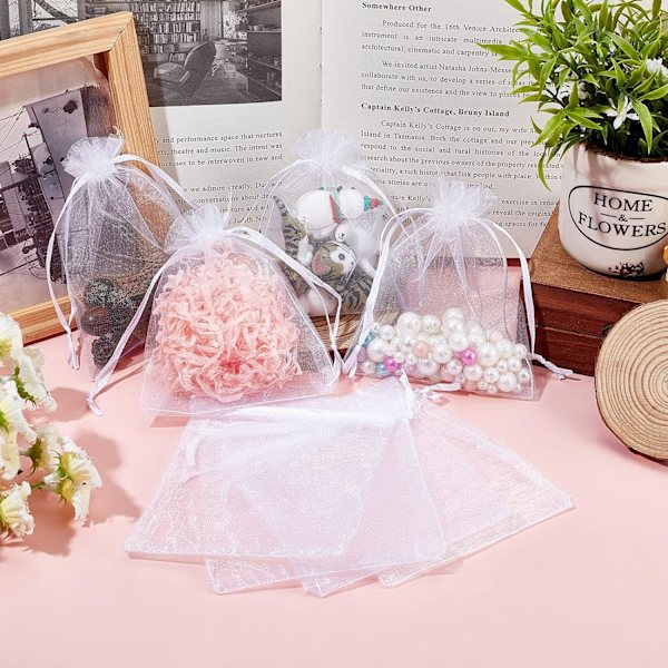 100 st vita organza påsar 20x30cm genomskinliga organza påsar med dragsko