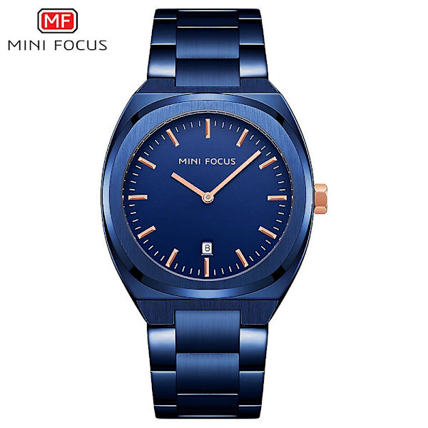 Minifocus Fashion Herreur Japansk Urværk Kalender Dobbelt Cirkel Vandtæt Stålbåndsur 0319g（Blå）
