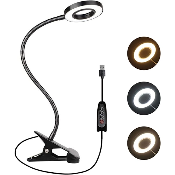 USB Svart Skrivbordslampa Klämma, 48 LED, 3 Färger och 10 Dimbara, Rea