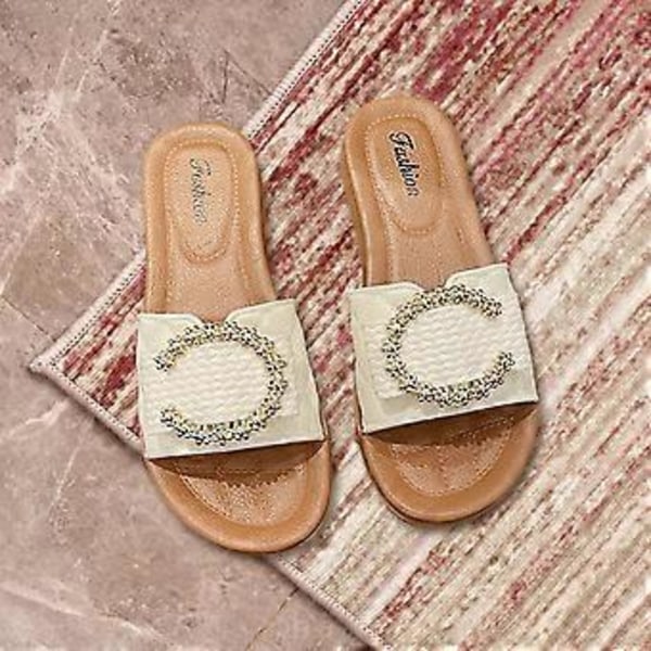 Damesko Slippers Slip on Sandaler Myk Strand Komfortabel Åpen Tå Fest Pyntet Anti-skli Såler Mote Slides Dame Flate Sandaler (Hvit Lengde 23.5cm) White Length 23.5cm