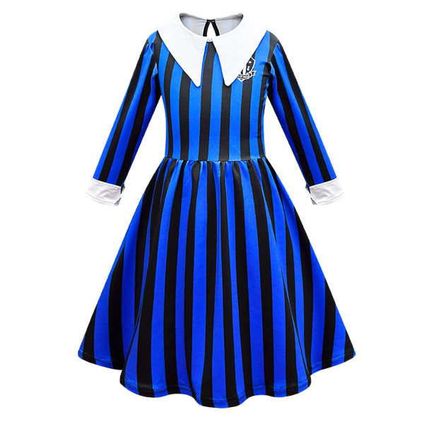 Wednesday Addams skoleuniform cosplay-kjole sett Halloween-kostyme for jenter (110 cm med veske og parykk)