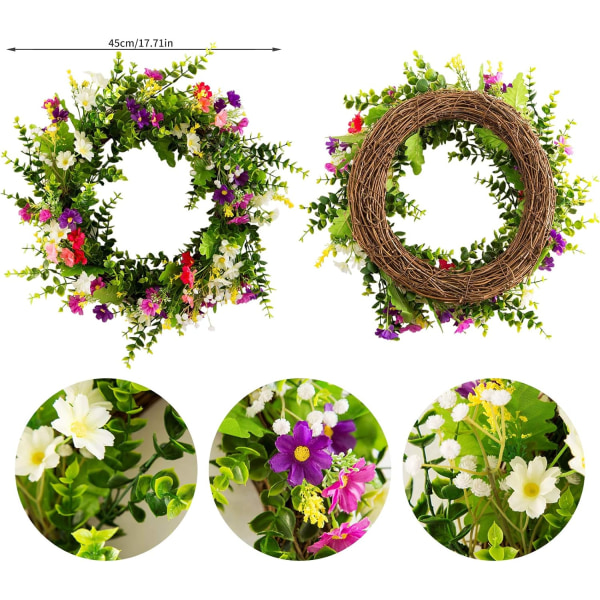 45 cm blomsterkrans för ytterdörr, hem, fönster, vägg, bröllop, festdekoration