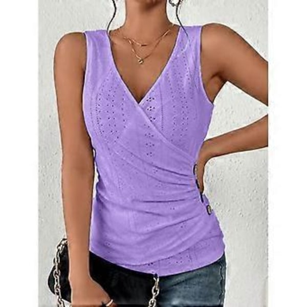 Wrap V-hals Rynket Tank Top Dame Ensfarget Midje Rynket Øyelett Hul Knapp Dekor Ermeløs Skjorte (2XLPurple) Purple 2XL