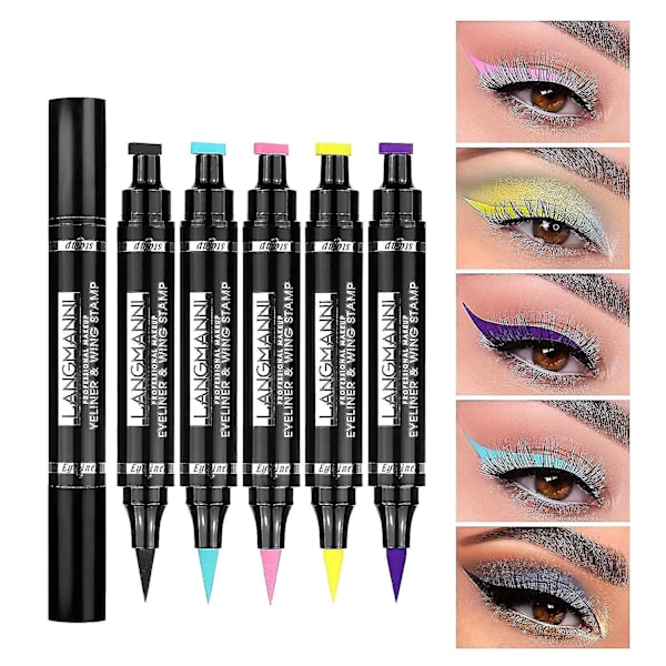 Eyeliner-stämpel, dubbelsidig vattentät flytande eyeliner-penna, 5-färgad vinge eyeliner-stämplar set, för alla ögonformer vinge eyeliner-stämpel, perfekt vinge