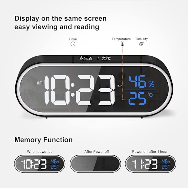 Digitalt vækkeur med stort LED-display til fugtighed og temperatur, USB-genopladeligt dobbeltvækkeur, 5 slags lysstyrke, smart stemme - sort
