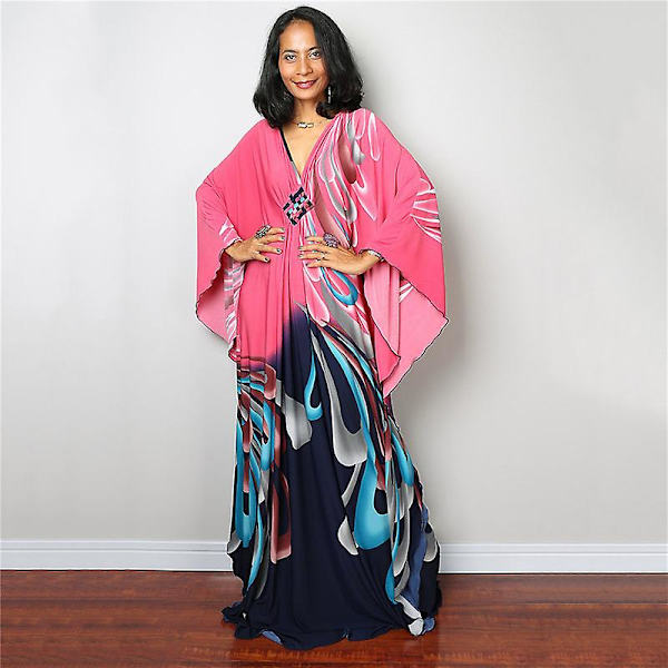 Dame Print Maxi Kjole Flagærme Strandkjole Plus Size Sommerkjole Strandtøj Kaftan Cover-ups Dn0535