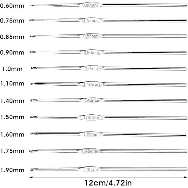 Virka krokar set stål, 12 st små virknålar 0,6 mm till